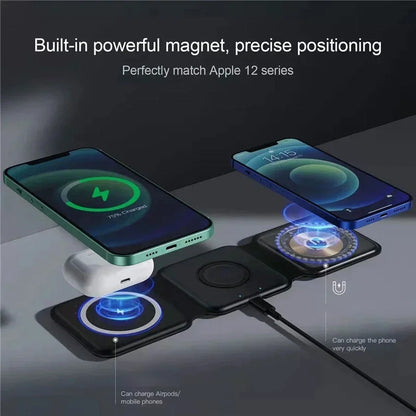 Smartphone charging pad with built-in powerful magnet and precise positioning feature, compatible with Apple 12 series.