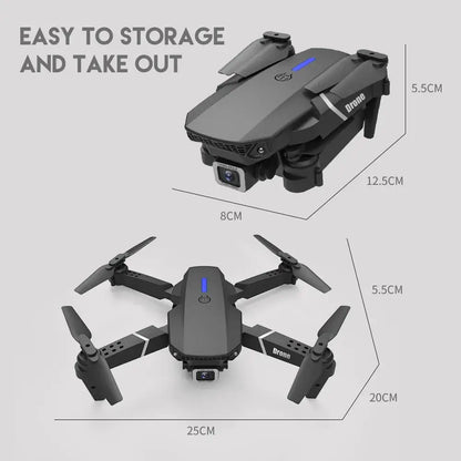 E88 Pro foldable drone with dimensions displayed on a gray background
