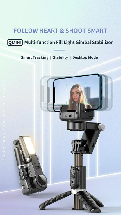 Multi-function gimbal stabilizer with built-in fill light and adjustable smartphone holder for professional lighting and stability
