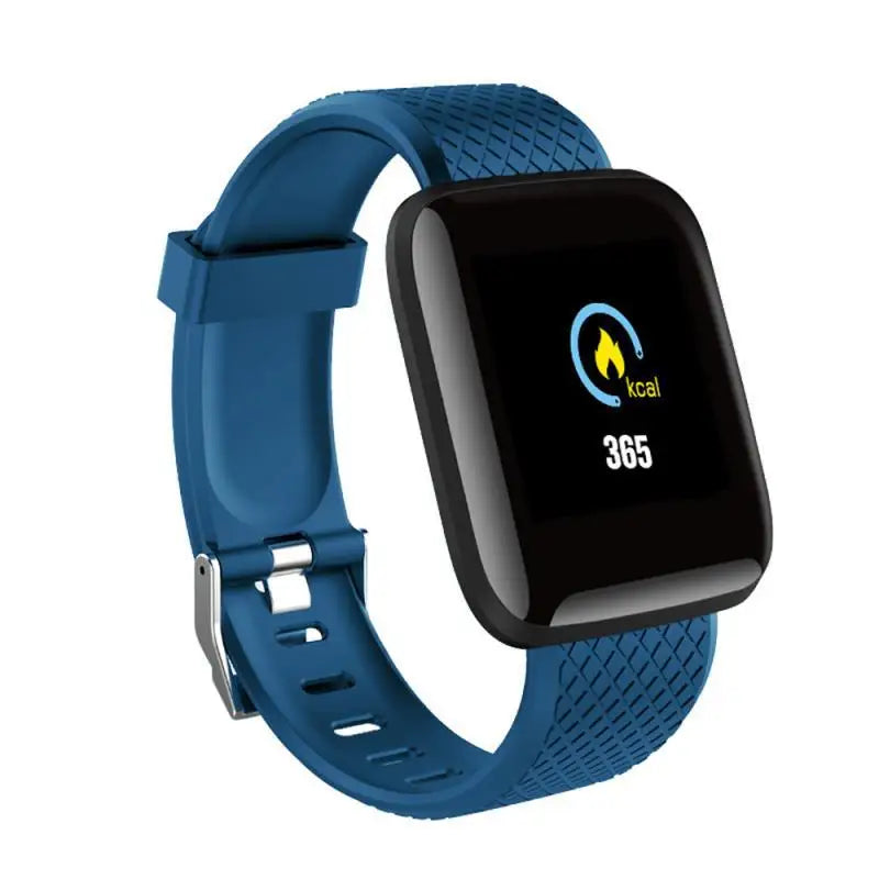 Blue smartwatch with a fitness app display on a white background