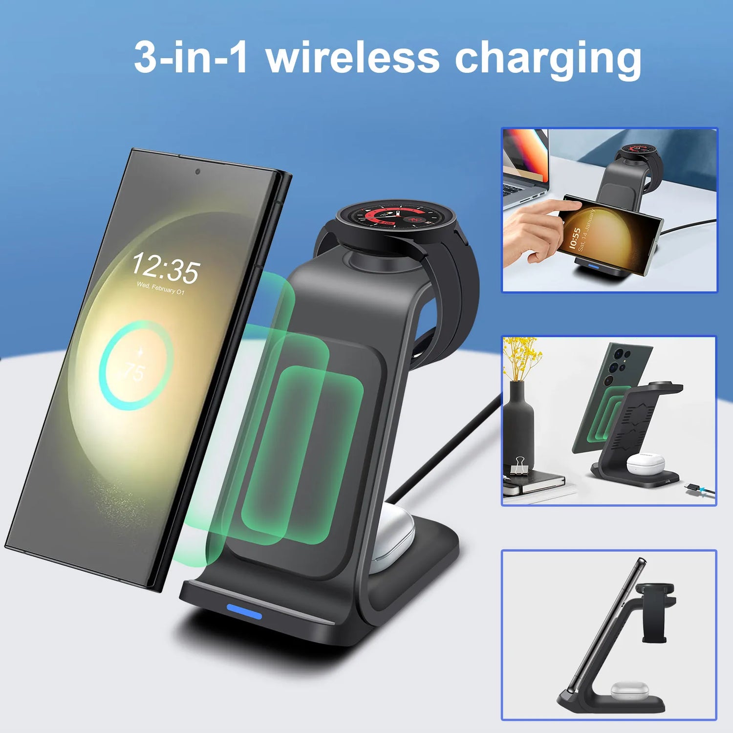 3-in-1 Fast Wireless Charger Dock for Samsung S23/S22 &amp; More | Galaxy Watch &amp; Buds Stand