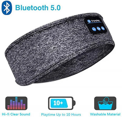 Gray Bluetooth headband with wireless controls on a white background