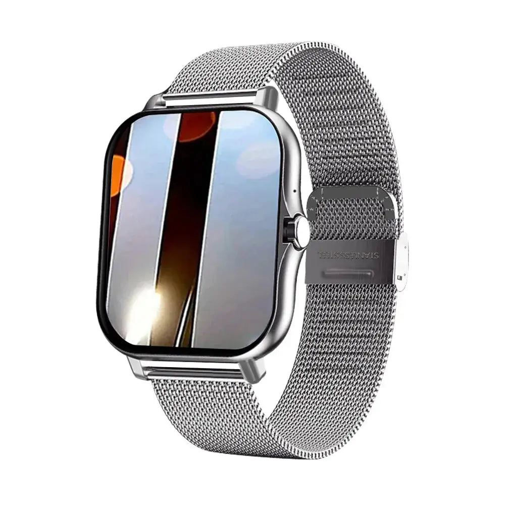 Silver smartwatch with a mesh band displayed on a white background
