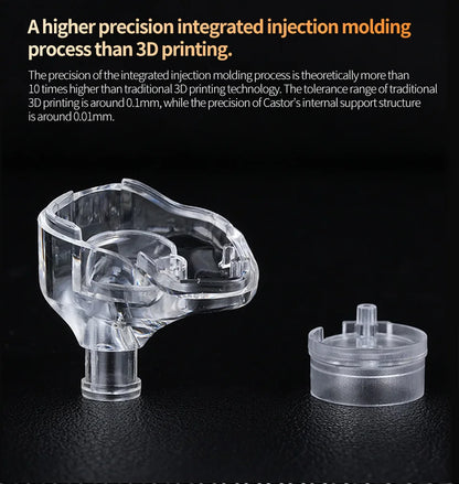 Clear plastic injection molded component on a black background with text about precision.