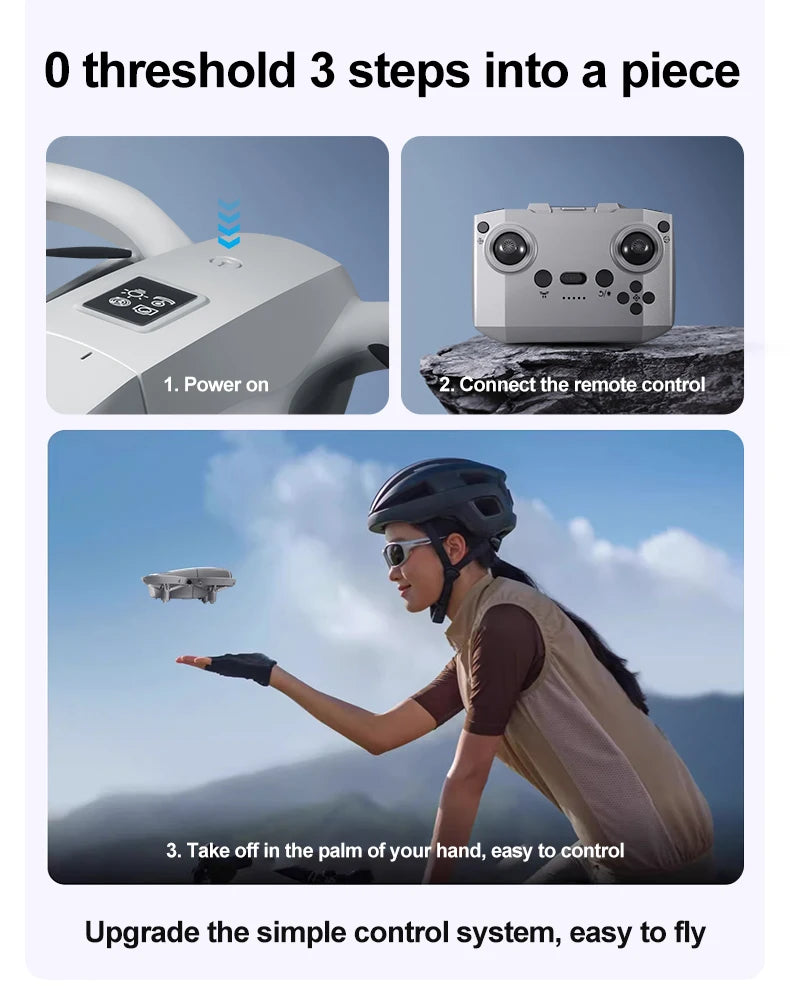 Step-by-step guide for operating a drone with power on, connecting remote control, and taking off.
