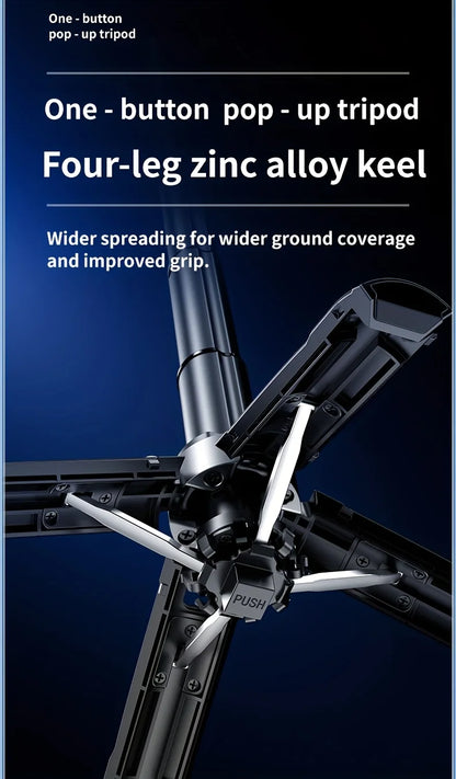 Tripod with text highlighting features on a blue background