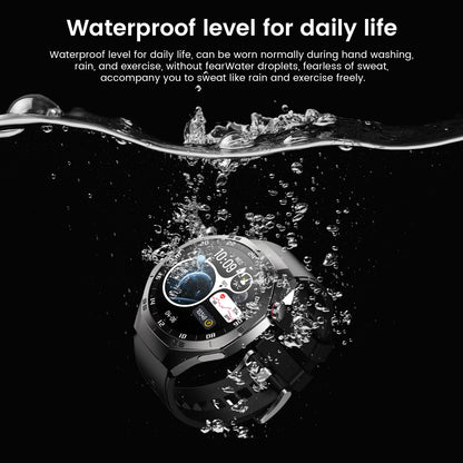 Smartwatch with water splashes around it, emphasizing waterproof feature.