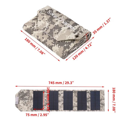 Camouflage solar charger with dimensions labeled on a white background