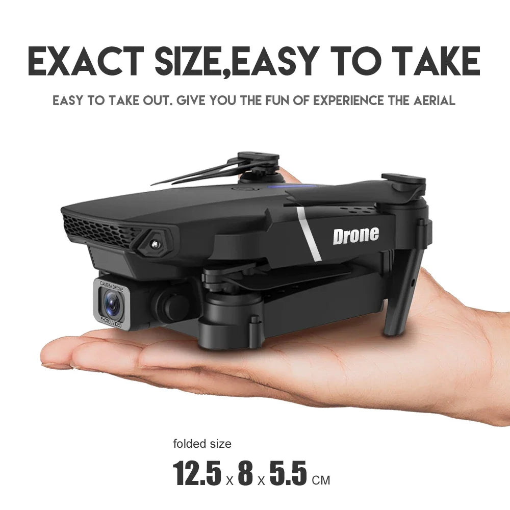 Small black drone held in a hand with text about its size and ease of use.