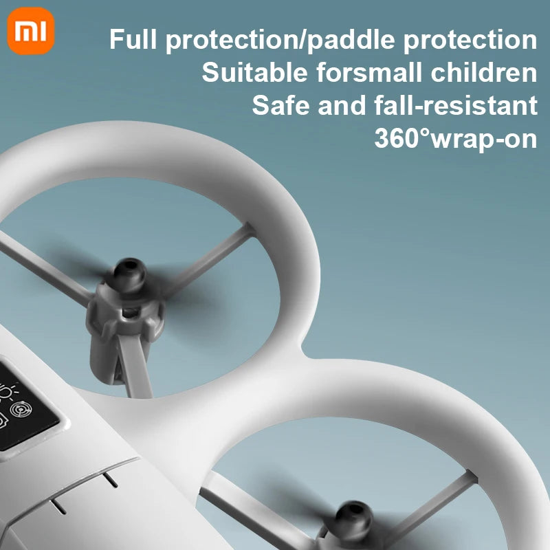 White drone with protective features on a light blue background, featuring Xiaomi branding.
