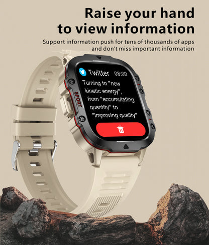Smartwatch with a screen displaying text on a beige background