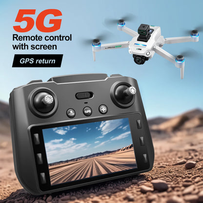 Drone with 5G remote control and screen on a desert background