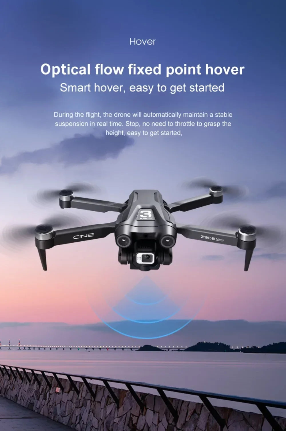 Drone hovering over a scenic landscape with text about optical flow fixed point hover technology.