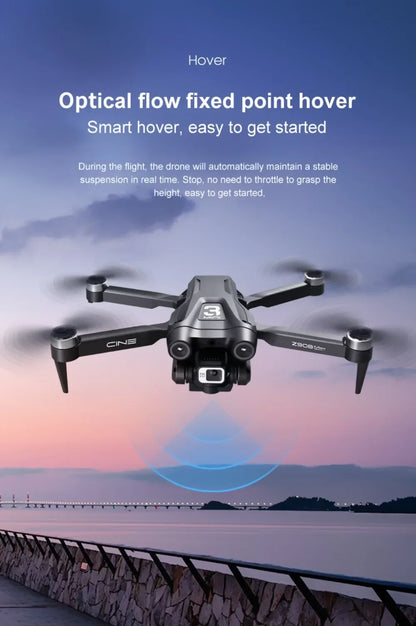 Drone hovering over a scenic landscape with text about optical flow fixed point hover technology.