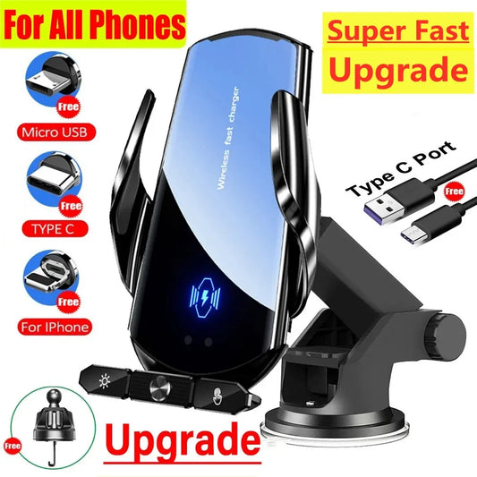 Wireless car charger with accessories for various phone ports on a colorful background