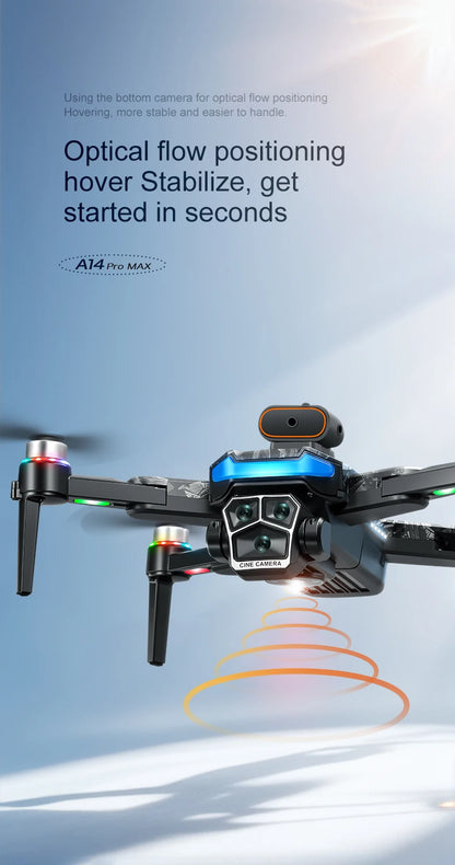 Drone with text about optical flow positioning and stability on a blue background
