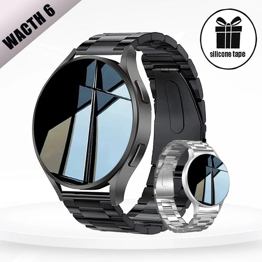 Smartwatch with black and silver metal bands on a white background, featuring 'WACTH 6' branding.