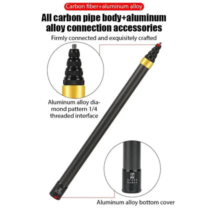 Carbon fiber and aluminum alloy pipe with detailed features on a white background