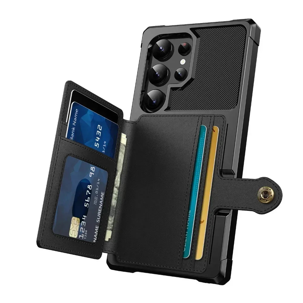 Black phone case with card slots and a wallet section on a white background