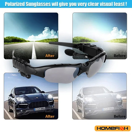 Polarized sunglasses with before and after effects on a road and car shown.