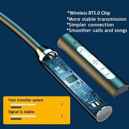 Wireless Bluetooth device with circuit board details on a blue background