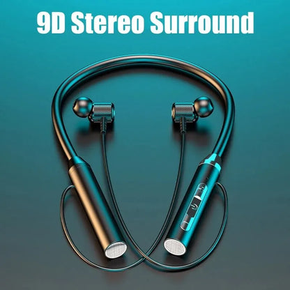 Neckband headphones with '9D Stereo Surround' text on a gradient blue background