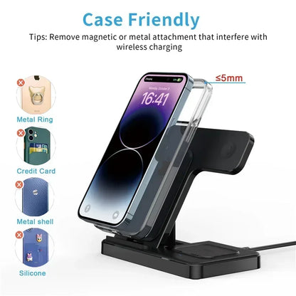 Wireless charging stand with smartphone showing compatibility tips on a white background