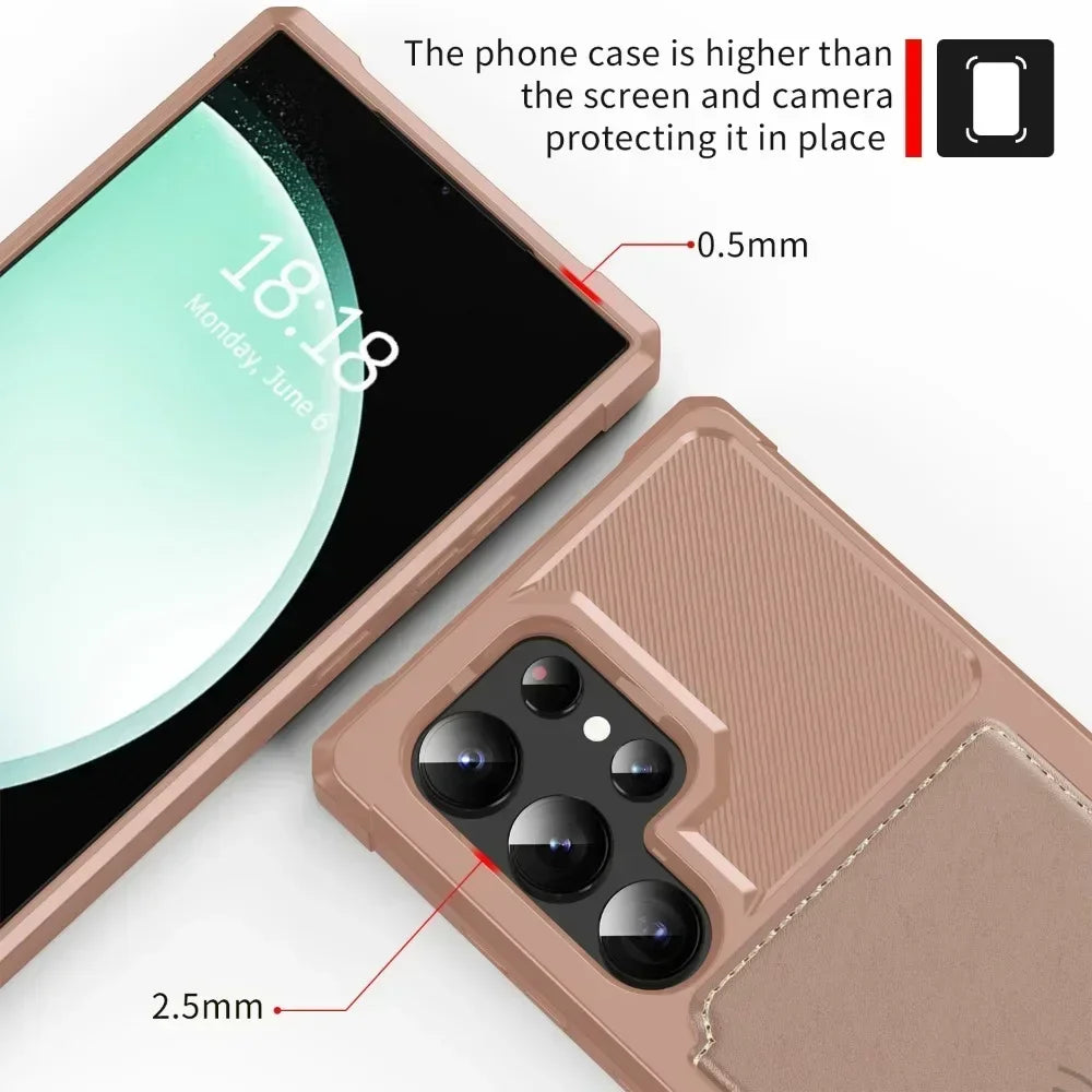 Phone case with screen and camera protection, showing measurements.