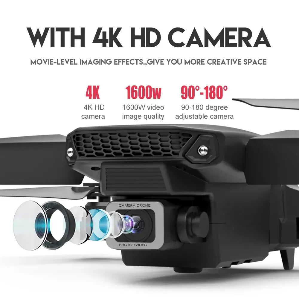 E88 Pro black foldable drone with 4K HD camera and adjustable lens on a white background
