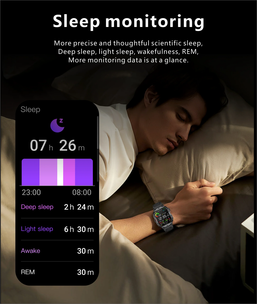 Person sleeping with a smartwatch displaying sleep monitoring data on a dark background