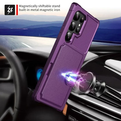 Purple phone case with magnetic stand feature on a car dashboard