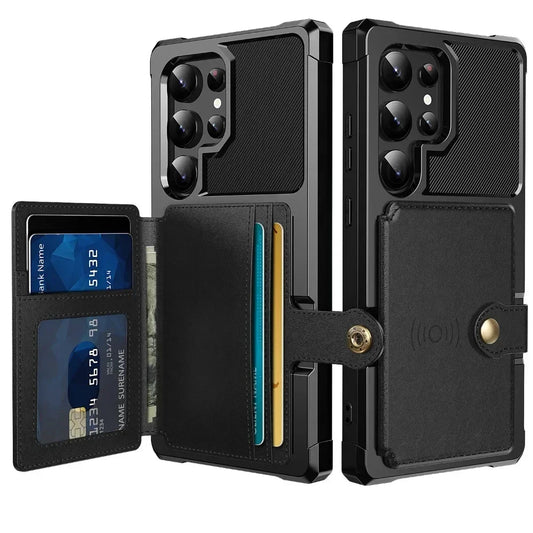 Black phone case with card slots and wallet functions on a white background