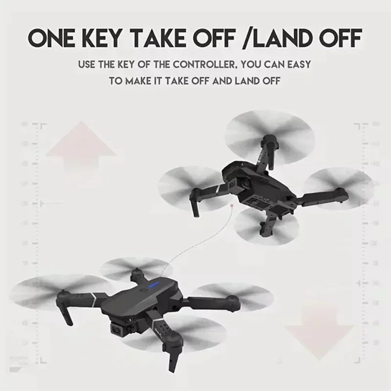 Two drones with text about one key take off/land off feature on a light gray background