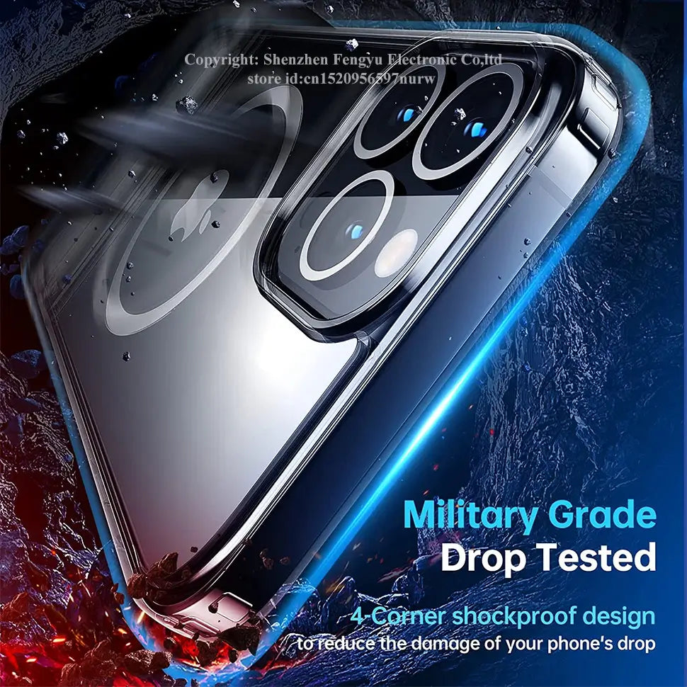 Magnetic clear phone case for iPhone with Fengyu branding and water droplets, labeled Military Grade Drop Tested
