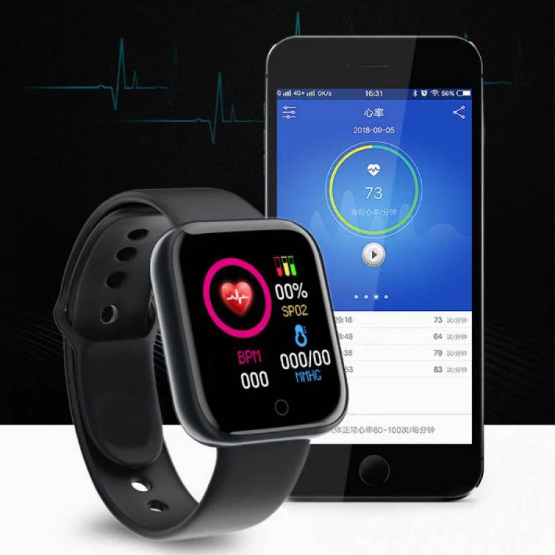 Black smartwatch with heart rate monitor displayed on a smartphone screen, against a dark background.