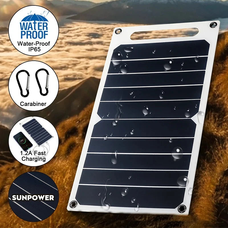 Solar panel with waterproof, carabiner, fast charging, and Sunpower branding on a mountain background.