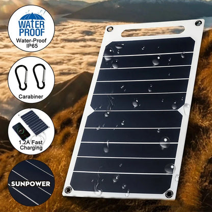 Solar panel with waterproof, carabiner, fast charging, and Sunpower branding on a mountain background.