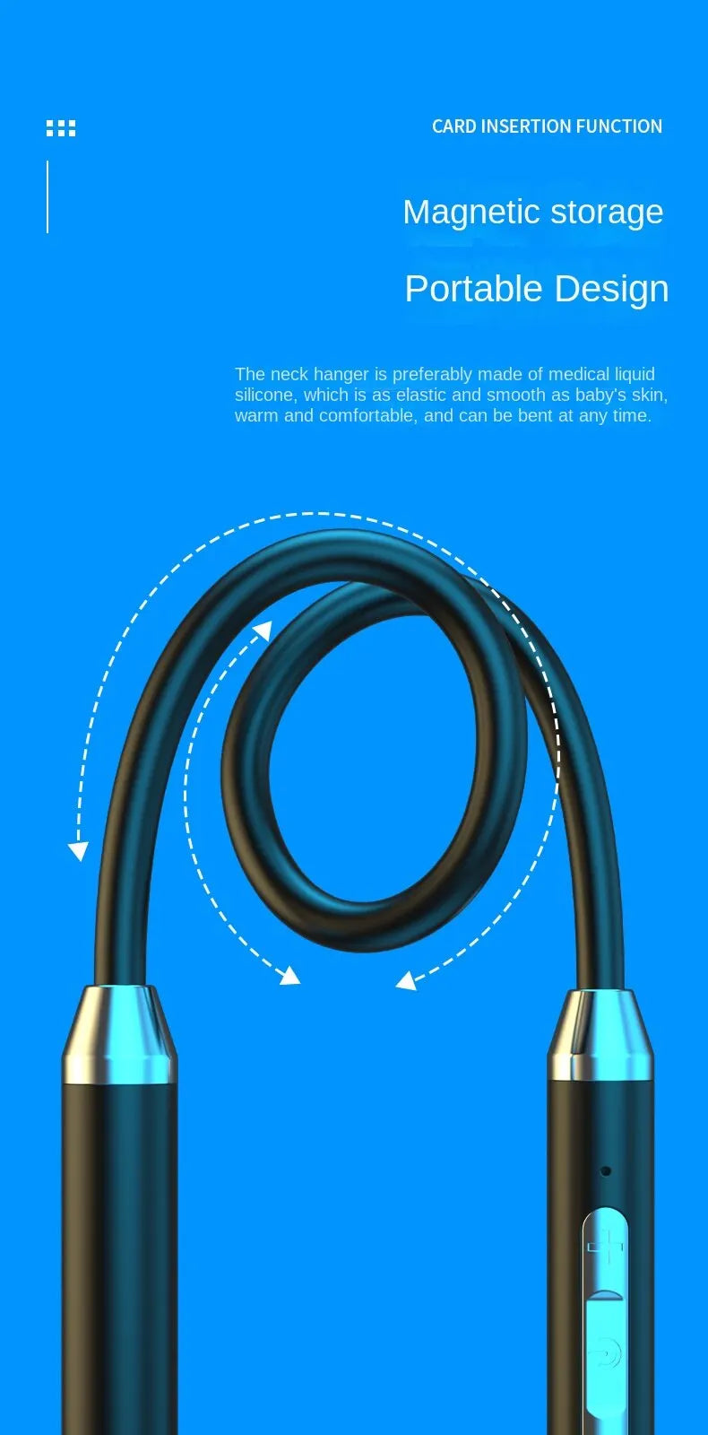 Coiled cable with magnetic storage feature on a blue background