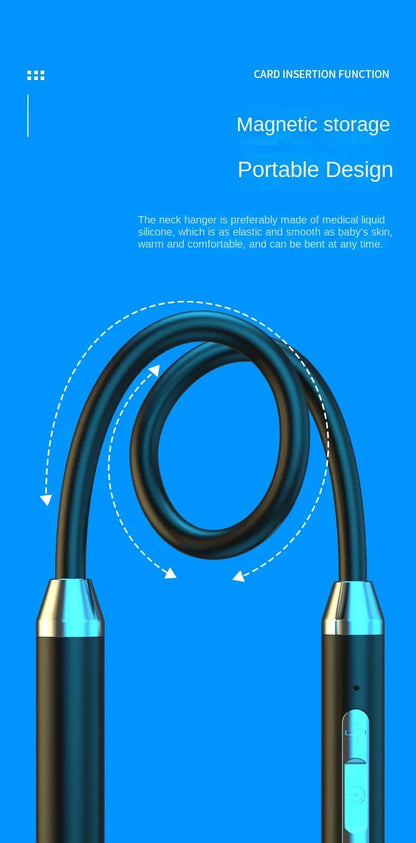 Coiled cable with magnetic storage feature on a blue background