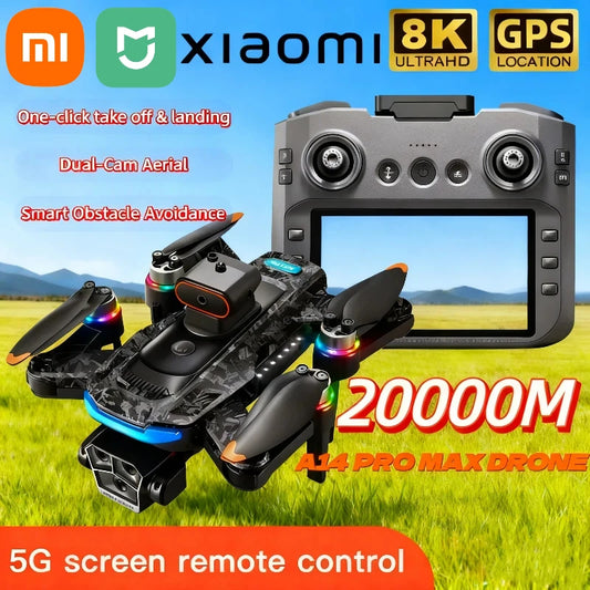 Drone with remote control and Xiaomi branding on a scenic background