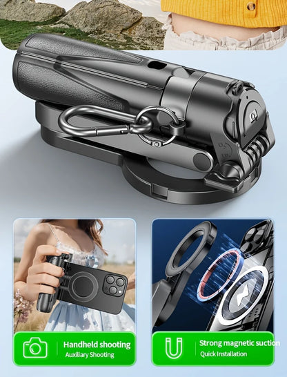 Multifunctional device with magnetic suction and handheld shooting capabilities on a light gray background.