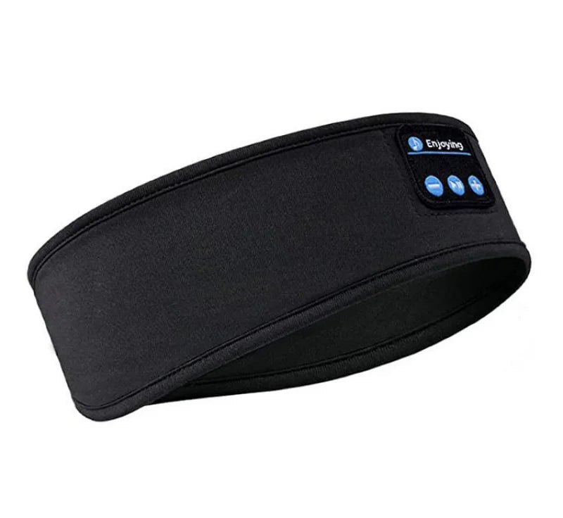Black headband with Bluetooth control panel on a white background