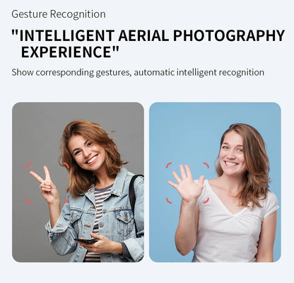 Two people showing gestures with text about intelligent aerial photography experience.