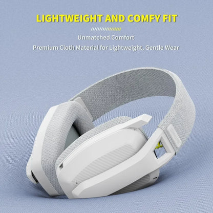 White headphones with gray headband on a light blue background, featuring text about comfort and material.