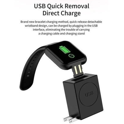 Black USB charging device with detachable wristband and charging cable on a white background