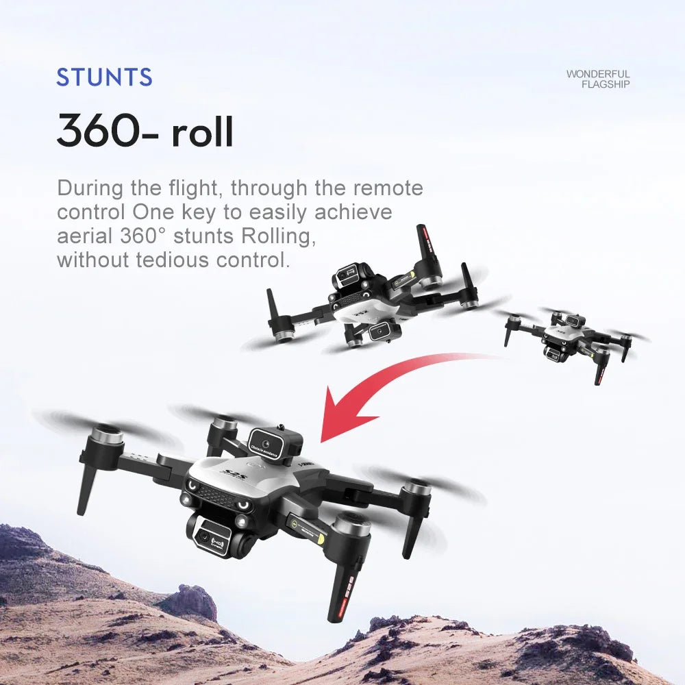 Drone performing stunts with text on a mountainous background