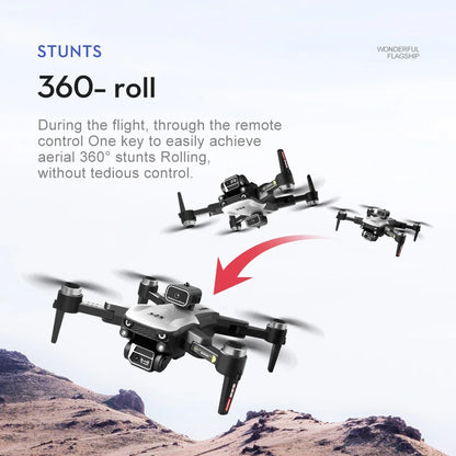 Drone performing stunts with text on a mountainous background