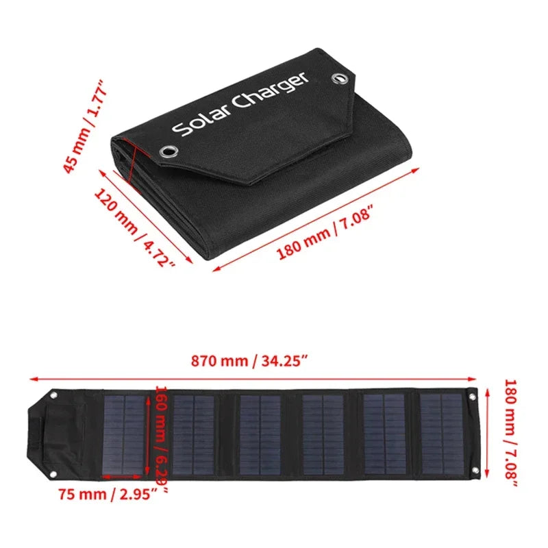 Black solar charger with dimensions labeled on a white background