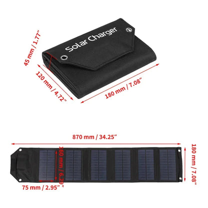 Black solar charger with dimensions labeled on a white background