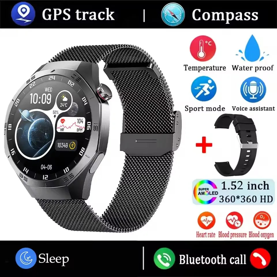 Smartwatch with features like GPS track, compass, temperature, waterproof, sport mode, voice assistant, heart rate, blood pressure, and blood oxygen on a black background.